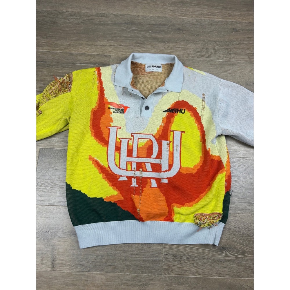 Zara x Rhuigi Rhude Graphic Knit Polo Sweater Large Multicolor Fire Print RHU
